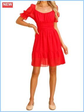 Women's Chiffon Smocked Square Neck Ruffle Short Sleeve Mini Sundress